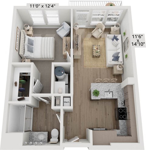 an one bedroom one bathroom floor plan at a senior apartment community